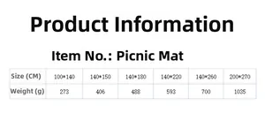 Size chart table showing dimensions and weight for oil painting style picnic mats