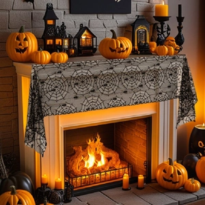 Elegant black lace Halloween spider web fireplace scarf runner for festive home decor