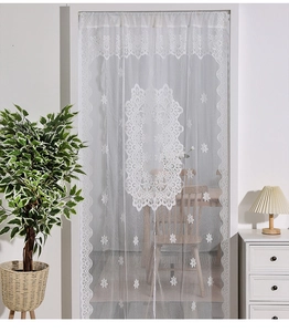 Detailed close-up of white lace curtain showing floral patterns and scalloped edges