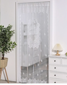 Detailed white lace door curtain with intricate mandala embroidery and scalloped edges