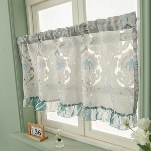 French embroidered floral cafe curtain with vintage damask patterns and ruffled leaf edges