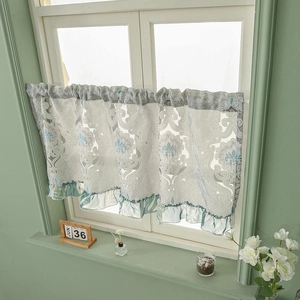 Hollow embroidered cafe curtain with mint green ruffles and floral lace pattern