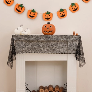 Halloween black lace cobweb table runner for fireplace decor with pumpkins