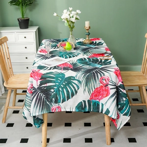 Nordic cotton linen tablecloth featuring tropical flamingos and palm leaf patterns