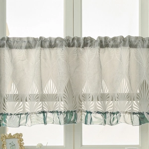 Retro Embroidered Hollow Out Coffee Curtain Geometric Pattern Short Window Curtain With Ruffled Edge For Kitchen Home Decor