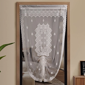White Floral Lace Door Curtain Nordic Style Polyester Embroidered Sheer Mesh Window Scarf Semi-Transparent Privacy Screen