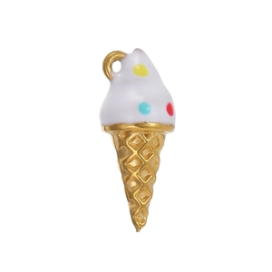 Detailed macro view of 18K gold ice cream pendant with white enamel and color dots
