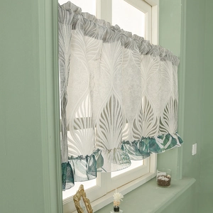 Vintage embroidered short cafe curtain with feather patterns and green floral ruffle trim