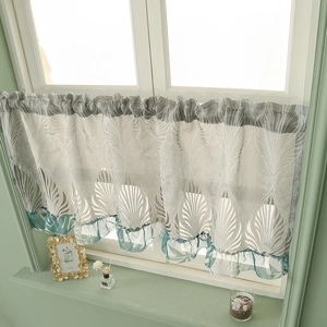 Minimalist embroidered coffee curtain with white feather pattern and green ruffled edges