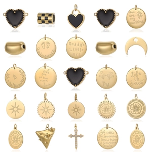 Detailed grid of vintage gold charms with heart and engraved round pendant designs