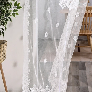 White lace curtain with star embroidery and scalloped edges for balcony windows