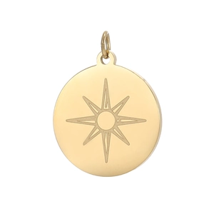 Detailed view of gold round charm with etched star pattern and secure hanging ring
