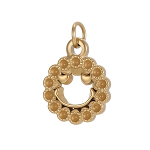 Detailed view of a gold stainless steel round pendant with a hollow smiley face