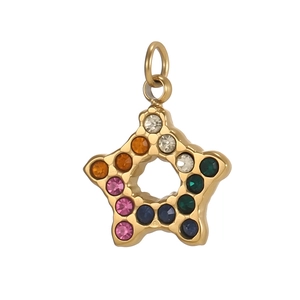 Detail of a gold star pendant featuring a circle of colorful rainbow rhinestones