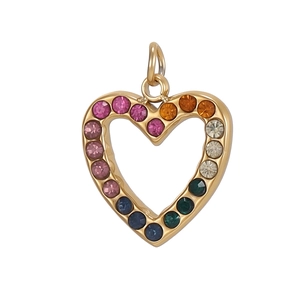 Detailed macro view of a golden hollow heart pendant with vibrant rainbow colored zircons