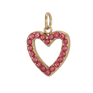 Detail of a hollow heart pendant with pink crystals and gold-plated finish for DIY jewelry