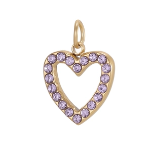 Detailed macro view of a gold heart charm pendant featuring purple cubic zirconia stones