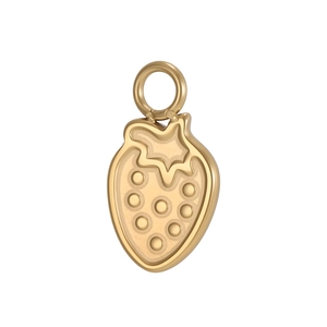 Detail of strawberry shaped gold plated stainless steel pendant with seeds and leaf texture