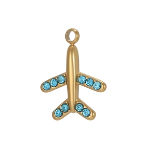 Detail of a gold-plated airplane pendant with sparkling light blue crystal accents