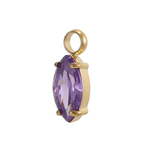 Detail view of marquise-cut purple zircon pendant in gold four-claw setting with large bail
