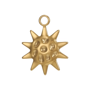 Macro view of bright gold sunburst pendant with textured circular pits and top ring