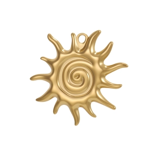 Detailed close-up of golden sun pendant with spiral texture and radiant sunbeam rays
