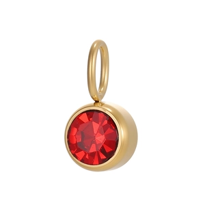 Macro detail of a round red zircon pendant set in a golden stainless steel frame