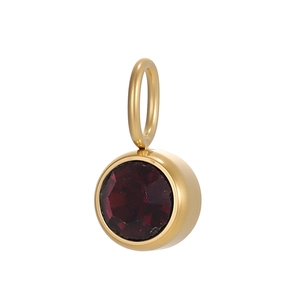Detail of deep red faceted zircon pendant with gold-plated base and sturdy bail