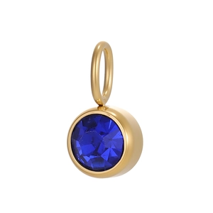 Detailed macro view of a gold-plated stainless steel charm with a dark blue zircon crystal
