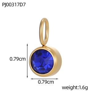 Macro shot of 0.79cm gold stainless steel pendant with blue zircon and size specifications