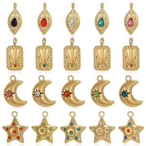 Pendentif Vintage en Acier Inoxydable Étoile Lune Feuille Charms Géométriques Avec Strass Colorés pour la Fabrication de Bijoux DIY