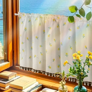 Waterproof kitchen cafe curtain with yellow flower embroidery and tassel fringe decor