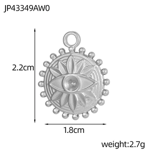 Silver round evil eye pendant with petal texture and bead trim in stainless steel