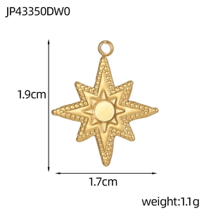 Golden octagonal star pendant with dot texture, 1.9cm x 1.7cm size stainless steel charm