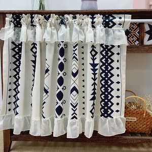 Double-layered cream short curtain with navy geometric pattern and ruffled edges