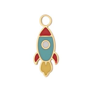 Macro detail of a colorful enamel rocket pendant in golden alloy with hanging loop