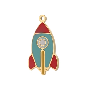 Detailed view of a gold-plated rocket charm with vintage red and teal enamel inlay