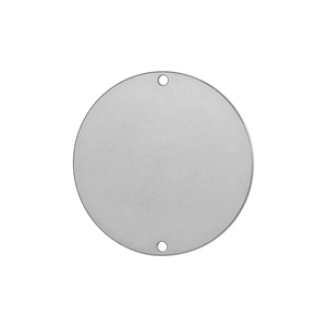 Close-up of a circular stainless steel pendant with a matte finish and dual mounting holes