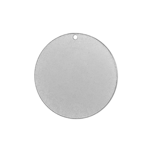 Macro detail of a round stainless steel blank pendant with a matte brushed finish