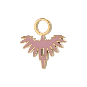 Detailed view of pink enamel and gold wing charm with integrated metal hanging ring
