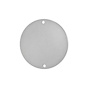 Macro detail of a matte silver round stainless steel geometric pendant with dual holes