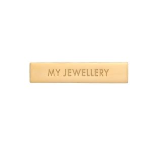 Macro shot of rectangular gold stainless steel bar pendant with My Jewellery engraving
