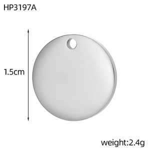Polished stainless steel round pendant detail showing 1.5cm diameter and 2.4g weight