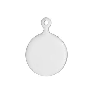Close-up of polished stainless steel round pendant with mirror finish and pre-drilled hole