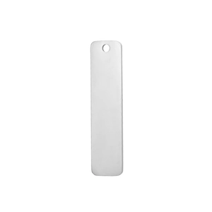 Close-up of polished rectangular stainless steel blank pendant with a hanging hole
