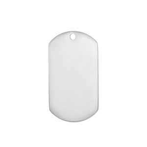 Detailed view of polished silver stainless steel military style blank dog tag for engraving