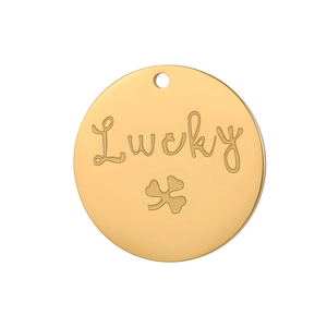 Polished gold stainless steel round pendant featuring Lucky text and clover engraving