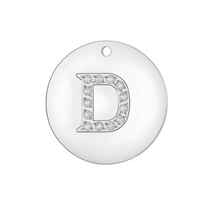 Macro shot of a silver circular pendant featuring a crystal-encrusted letter D design
