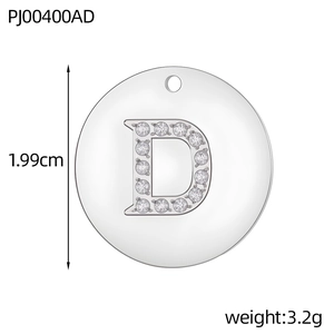 Detailed macro view of silver stainless steel D-letter pendant with crystals and dimensions