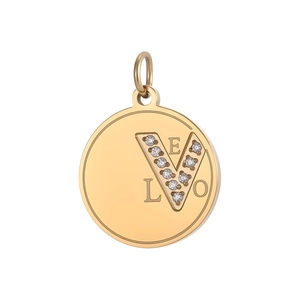 Detailed close-up of a circular gold pendant featuring LOVE engraving with zircon inlay